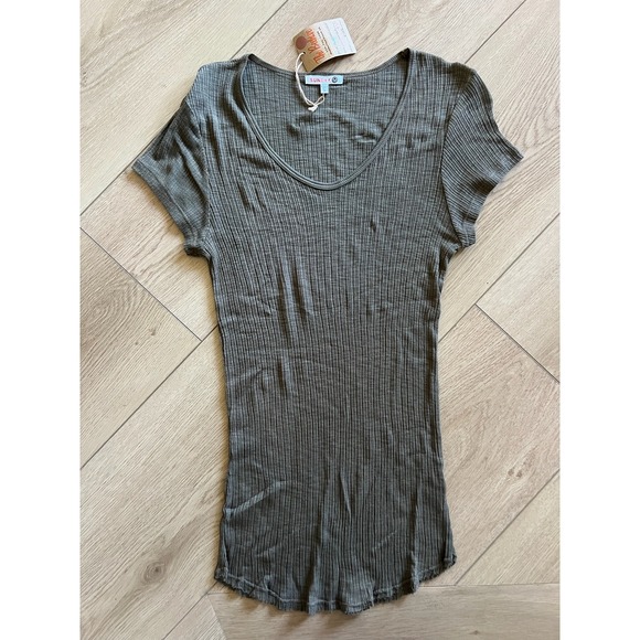 SUNDRY Ribbed Crew Neck Short Sleeve Top, Relaxed Fit, Olive Green - Picture 1 of 5